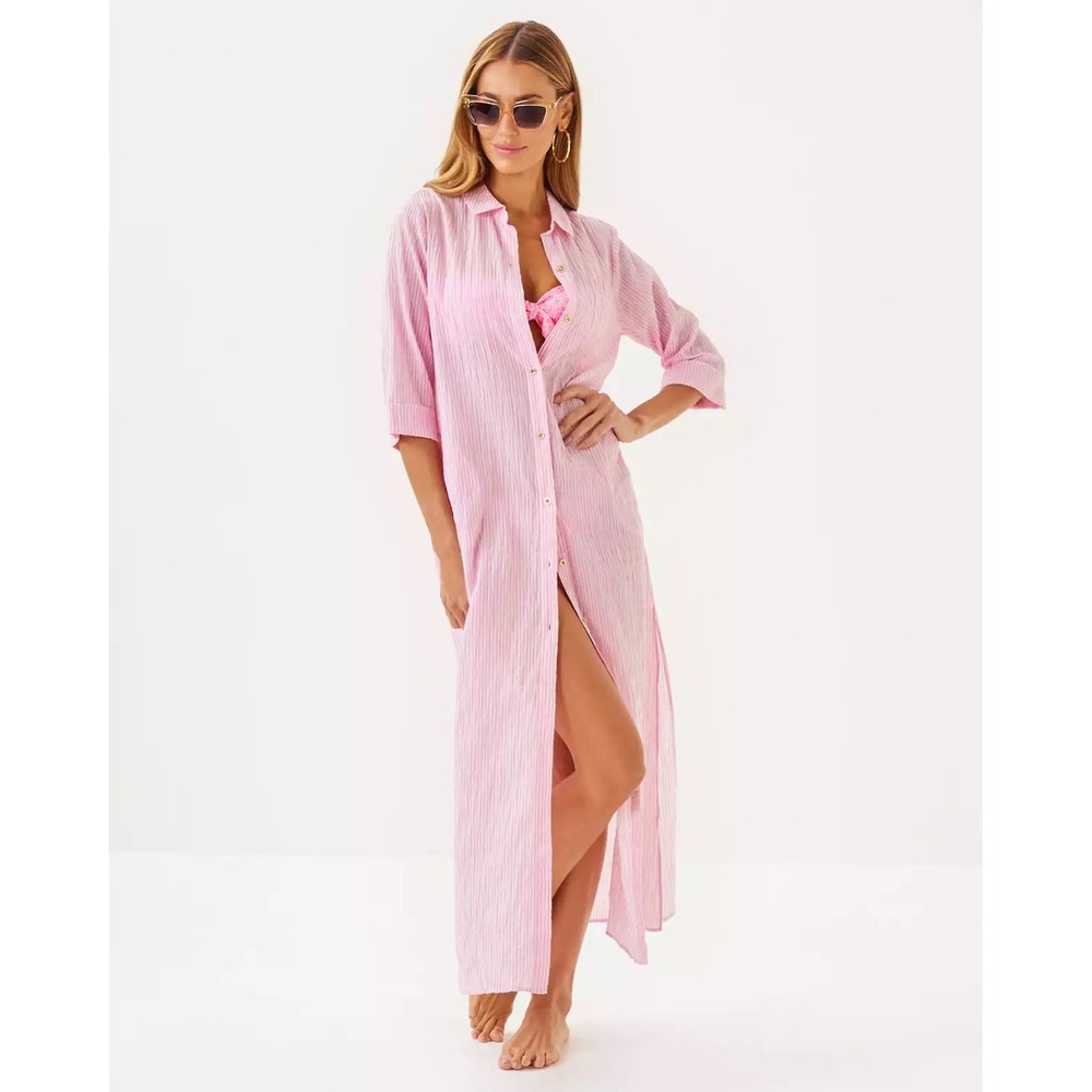 Lilly Pulitzer Natalie Maxi Cover-Up Pink Striped Size Small Preppy Beach Swim